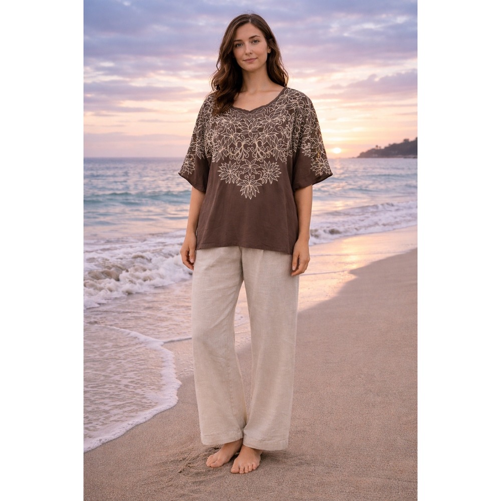 Boho Exotic Handmade In Bali Brown Floral Embroidered Lace Resort Vacation Top L